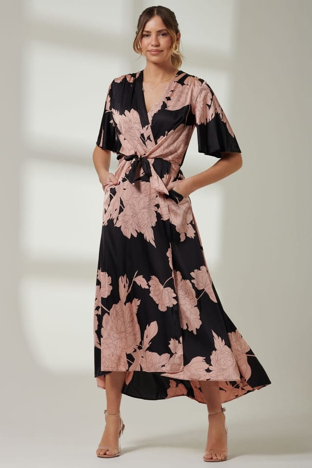 Jolie Moi Jolie Moi Women's Willow Satin Wrap Tie Waist Dress in Black - 2