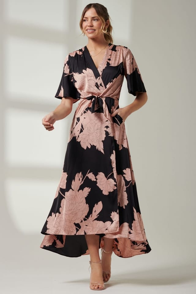 Jolie Moi Jolie Moi Women's Willow Satin Wrap Tie Waist Dress in Black - 3