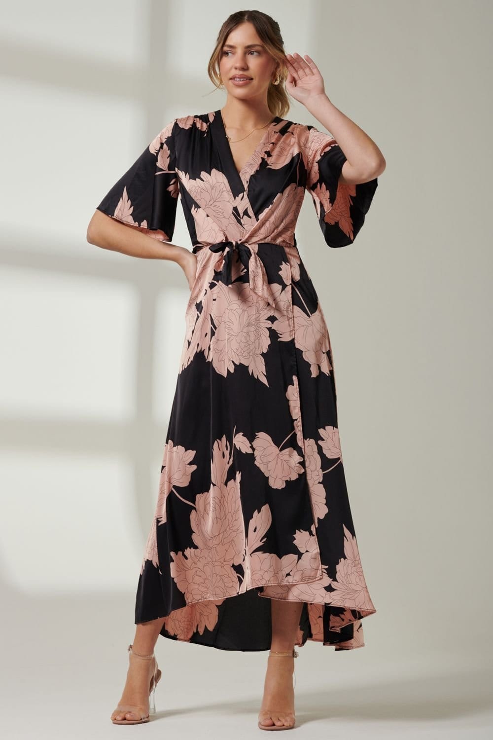 Jolie Moi Jolie Moi Women's Willow Satin Wrap Tie Waist Dress in Black - 4