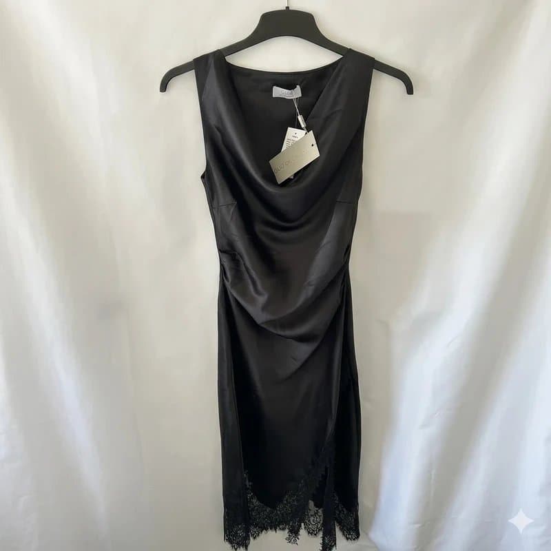 Quiz Quiz Occasion Black Satin Cowl Neck Lace Hem Midaxi Dress - UK 10