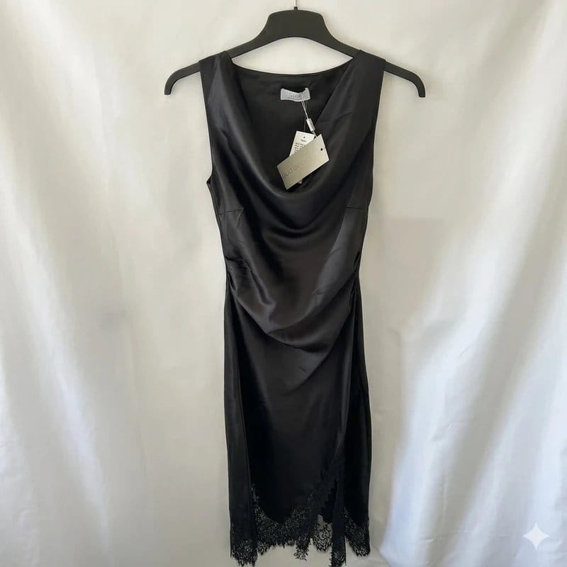 Quiz Occasion Black Satin Cowl Neck Lace Hem Midaxi Dress