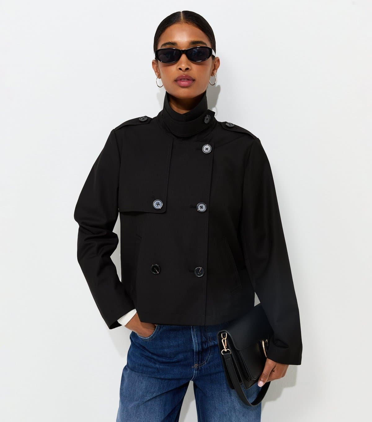New Look Women's Black Double Breasted Cropped Trench Jacket New Look