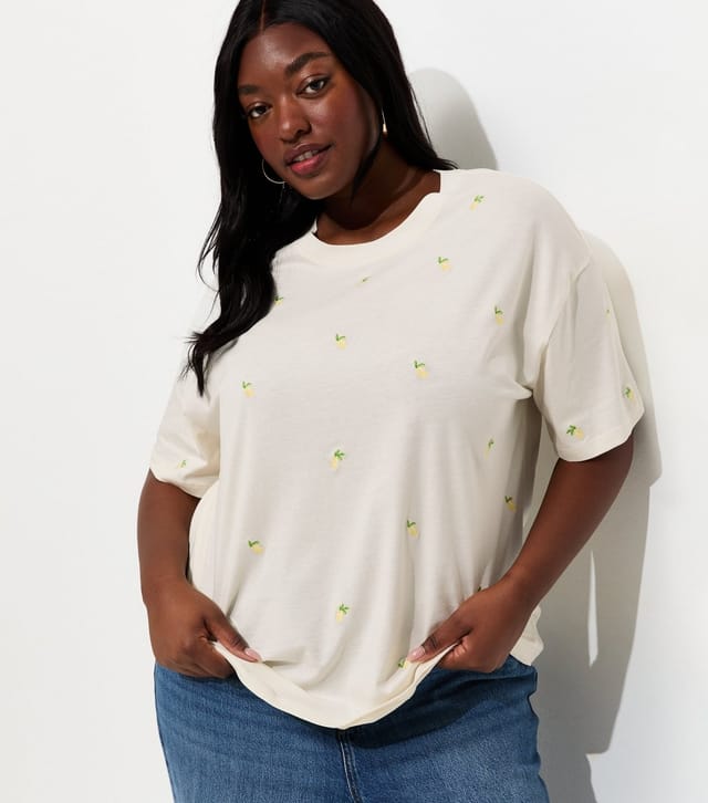 New Look Women's Plus Size Cream Lemon Embroidered Boxy T-Shirt Curves New Look - 2