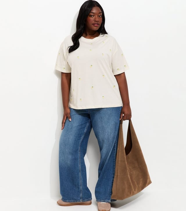 New Look Women's Plus Size Cream Lemon Embroidered Boxy T-Shirt Curves New Look - 3