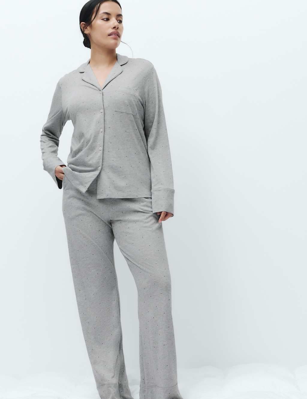 Marks & Spencer M&S Cotton Modal Printed Revere Pyjama Set Grey Mix