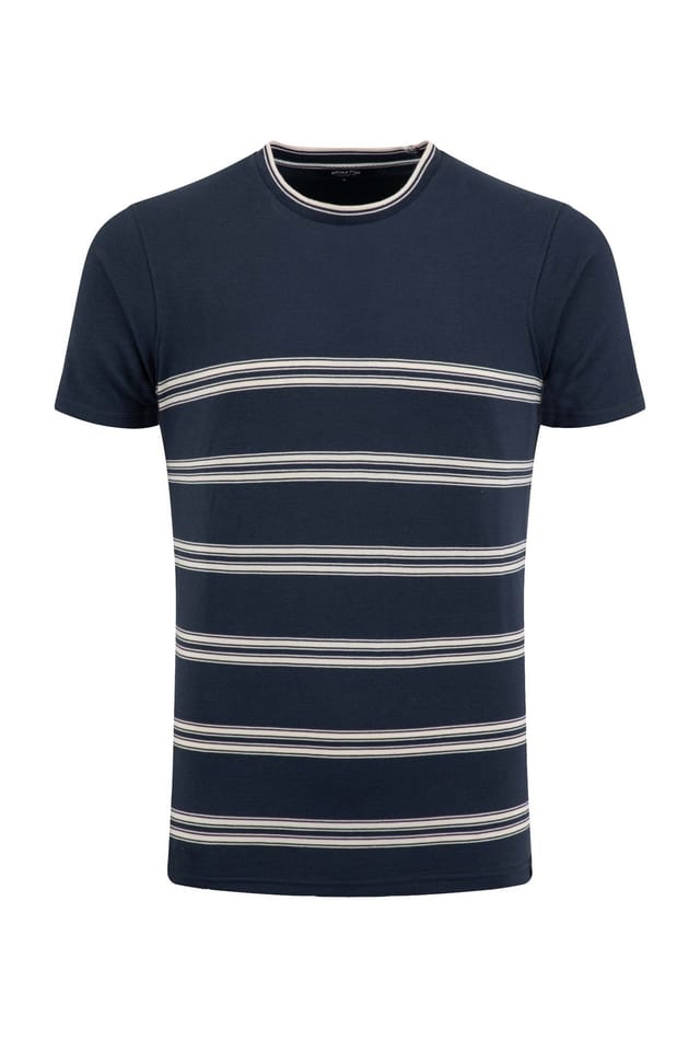Weird Fish Weird Fish Men's Fjord Pique Stripe Crew Neck T-Shirt in Midnight - 2