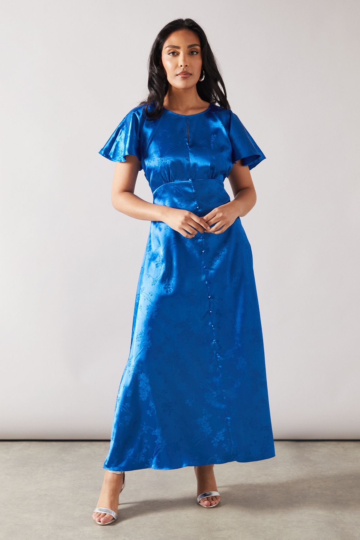 Wallis Wallis Women's Petite Satin Jacquard Button Through Midaxi Dress in Black - 2