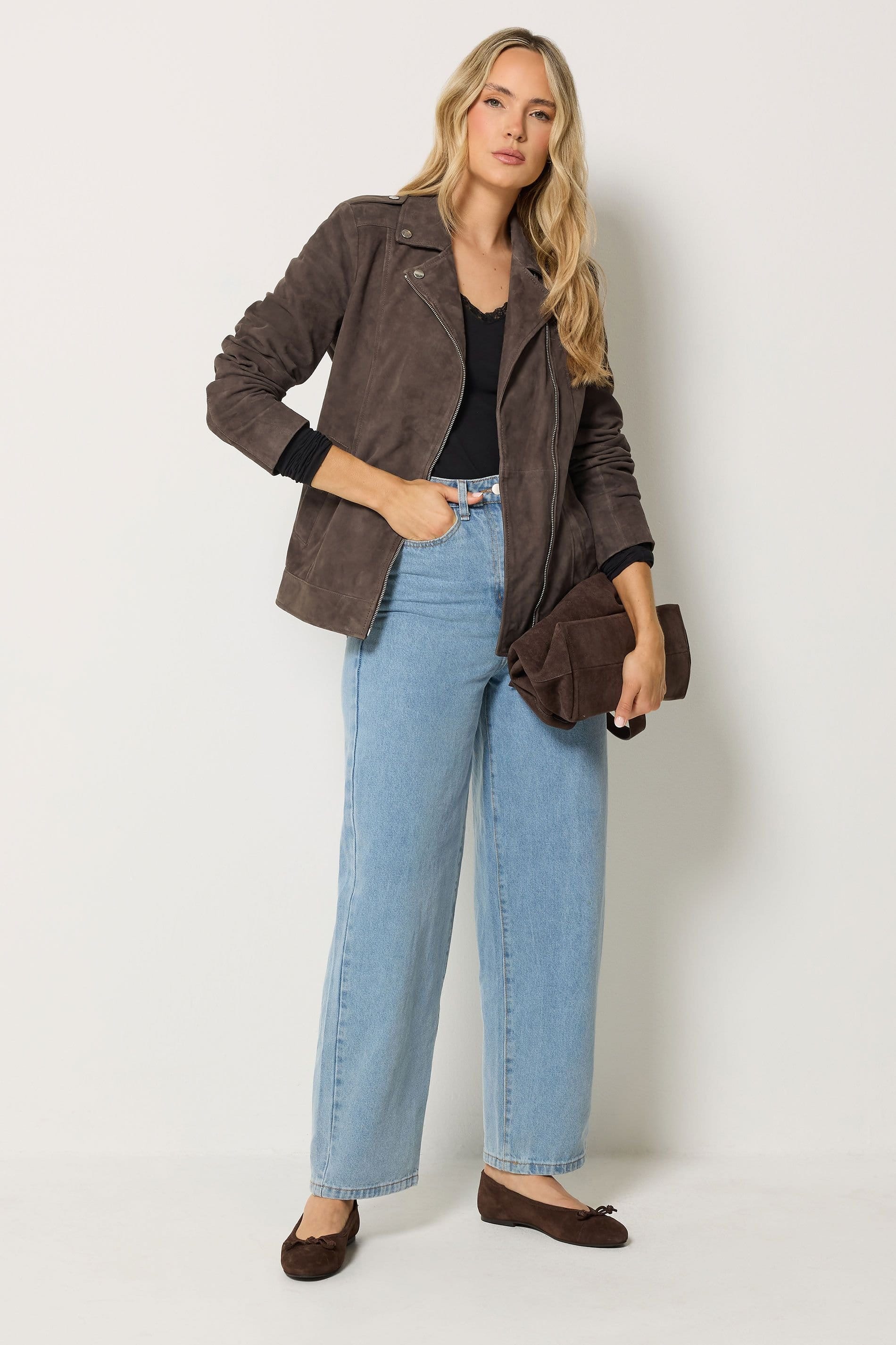 Long Tall Sally Long Tall Sally Women's Tall Suede Biker Jacket in Brown - 4
