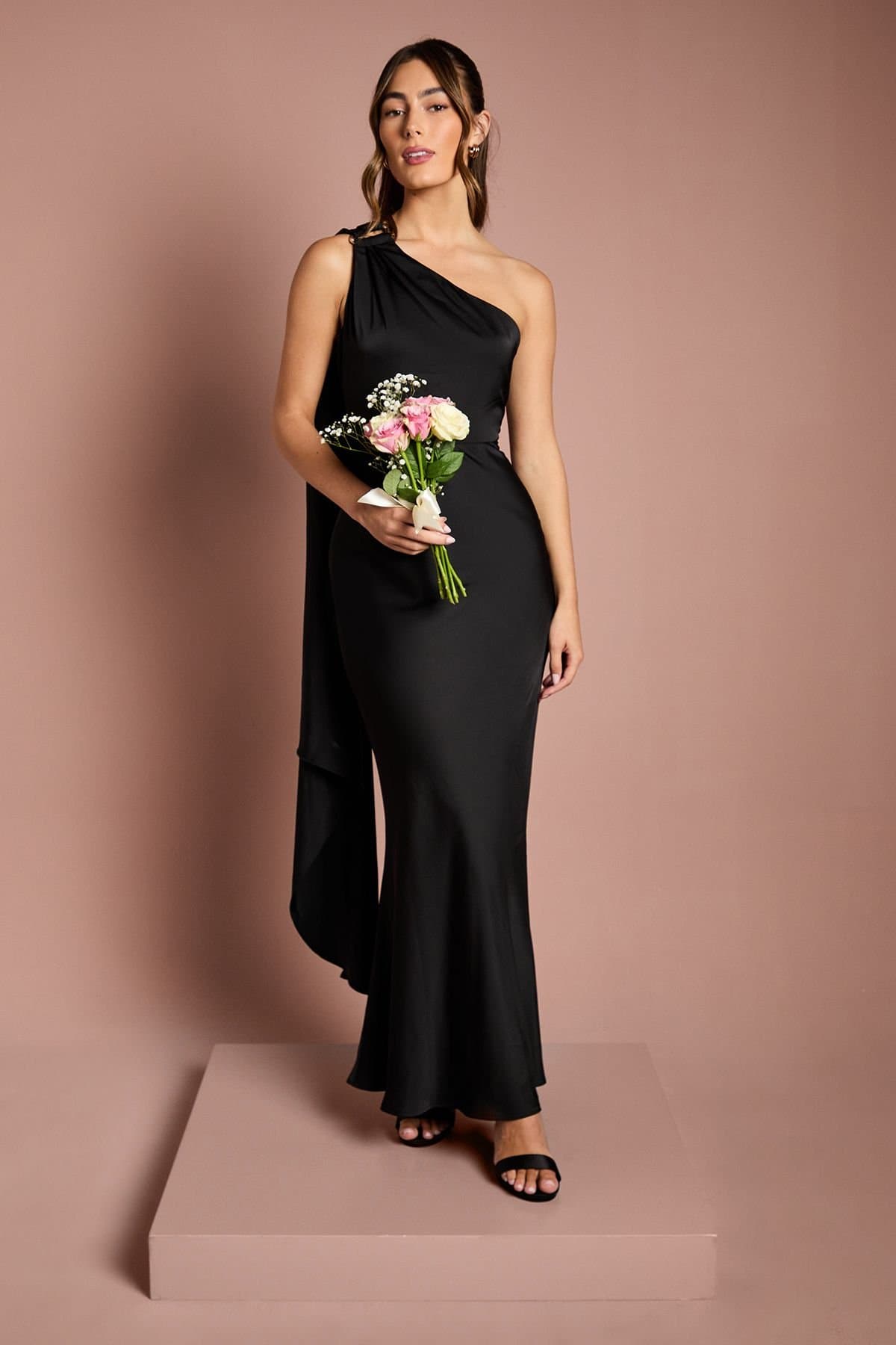 Coast Coast Women's One Shoulder Satin Maxi Bridesmaid Dress With Gold Trim in Black