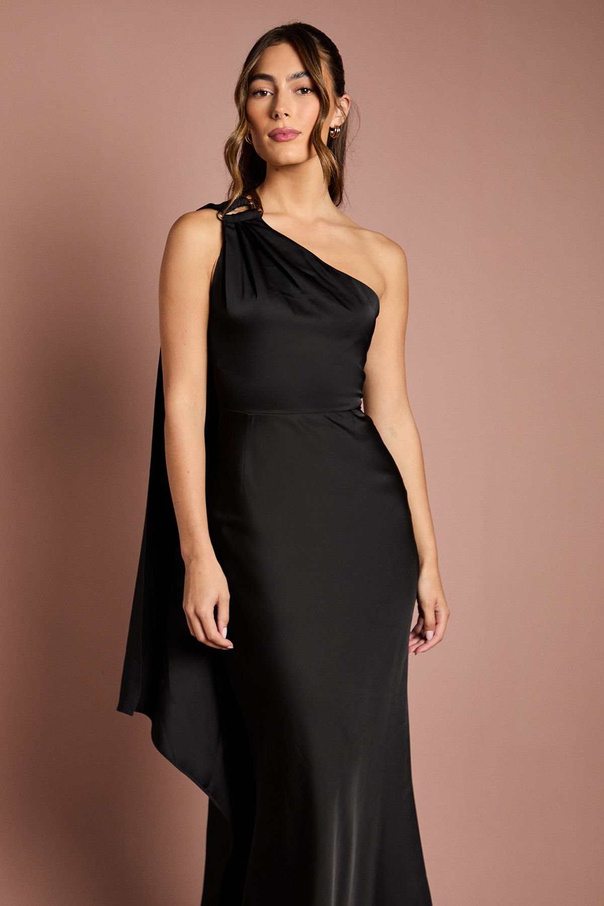 Coast Coast Women's One Shoulder Satin Maxi Bridesmaid Dress With Gold Trim in Black - 4