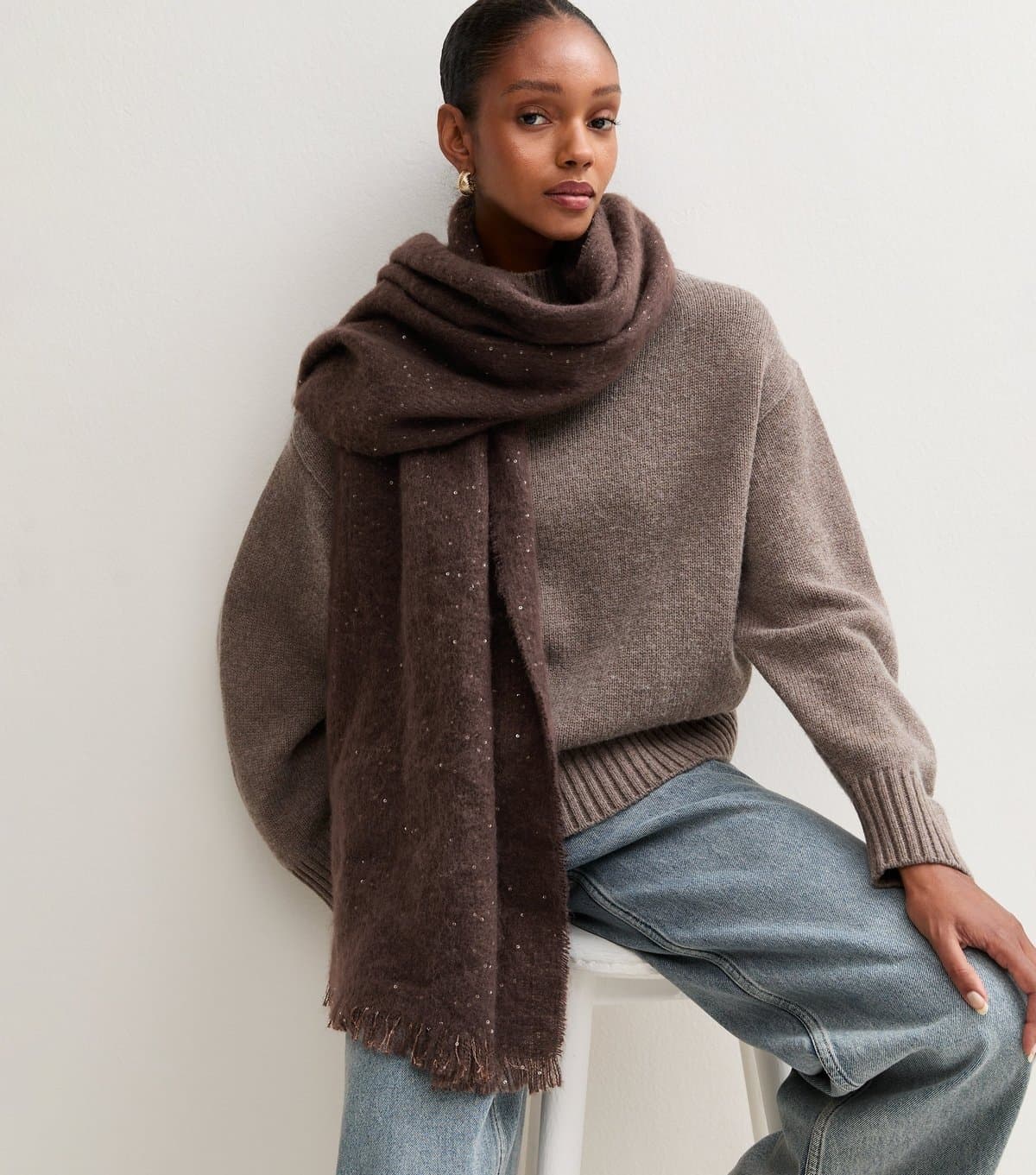 New Look Dark Brown Sequin Embellished Knitted Scarf New Look