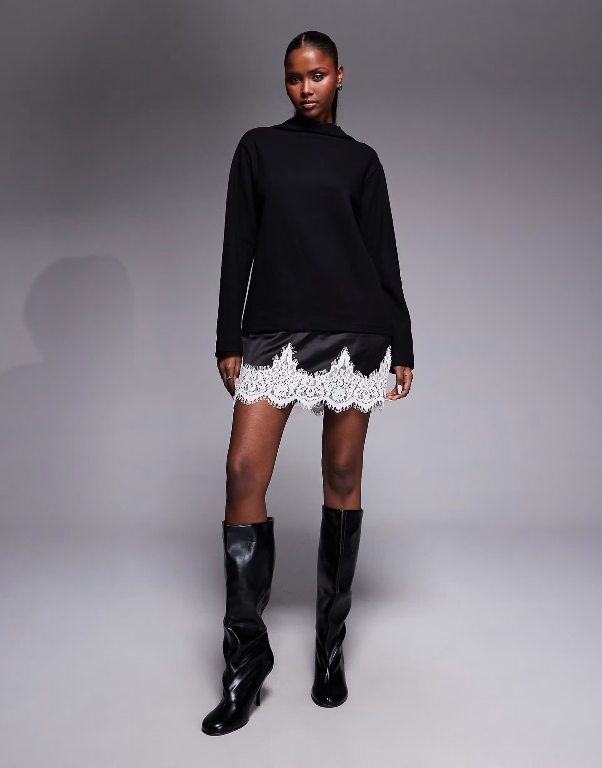 ASOS ASOS DESIGN supersoft funnel neck mini dress with contrast lace hem in black