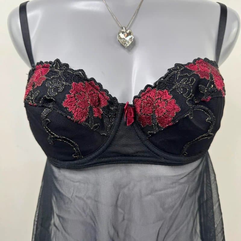 New Look Y2K vintage mesh babydoll underwire floral embroidered bow adjustable straps