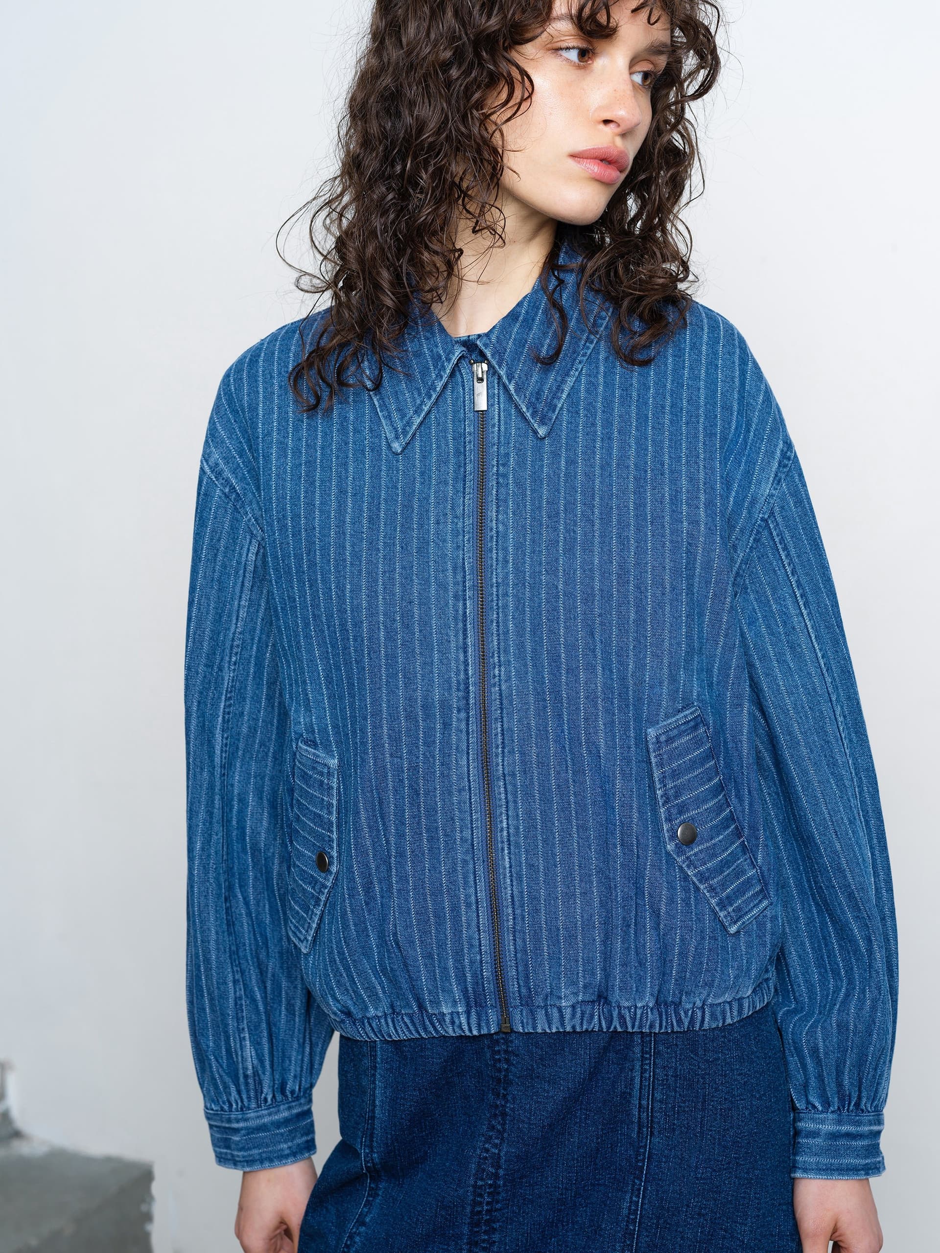 French Connection Cherrie Pinstripe Denim Bomber Jacket Medium Wash