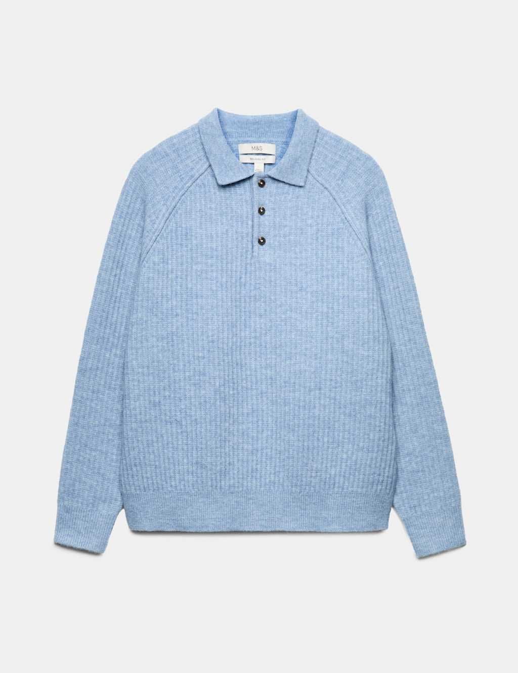 Marks & Spencer M&S Lofty Ribbed Buttoned Knitted Polo Shirt Mid Blue