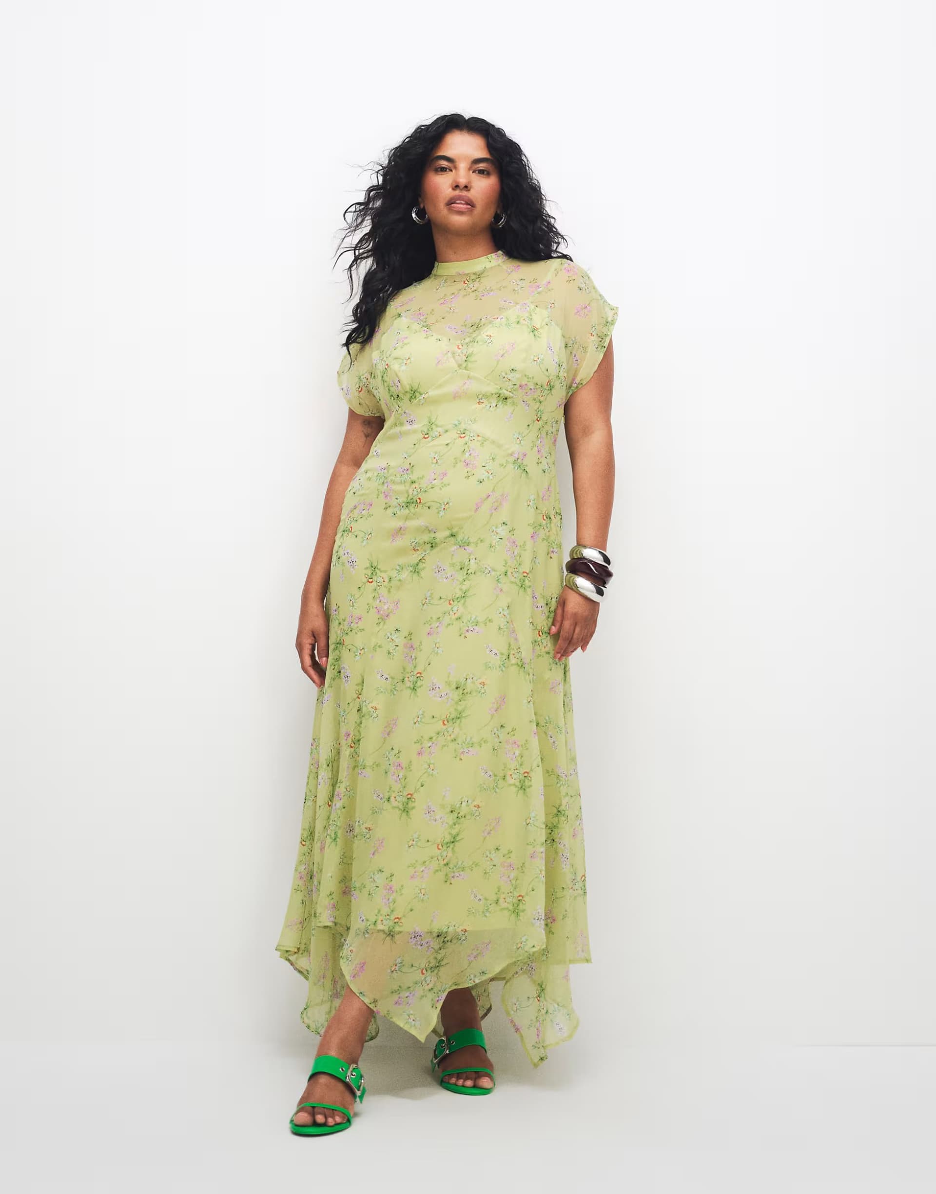ASOS ASOS DESIGN Curve high neck hanky hem chiffon maxi dress in lime floral