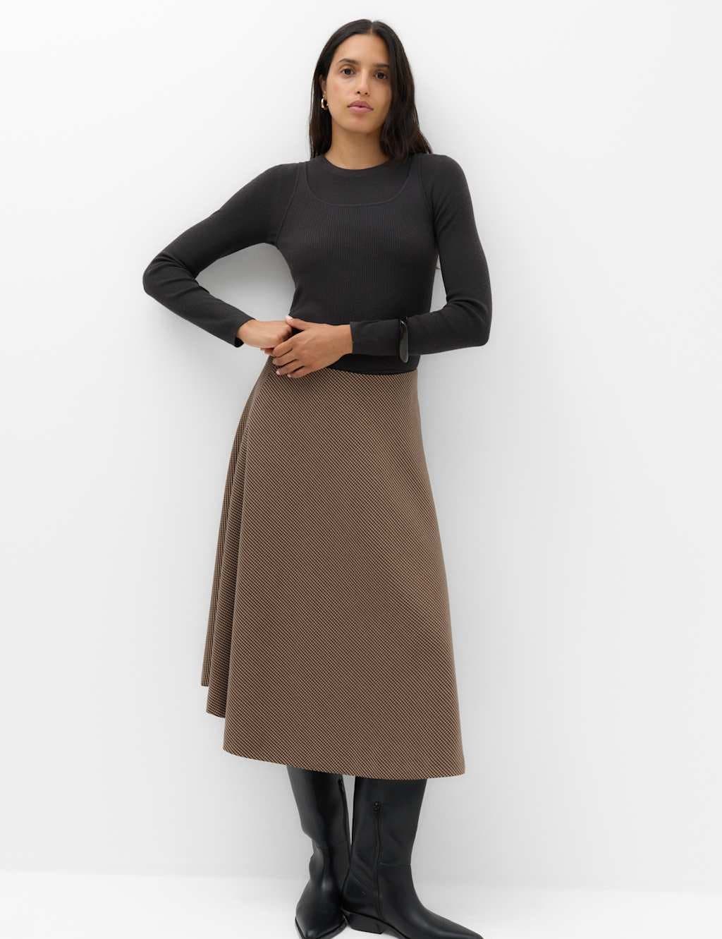 Marks & Spencer M&S Checked Midi Circle Skirt Brown Mix