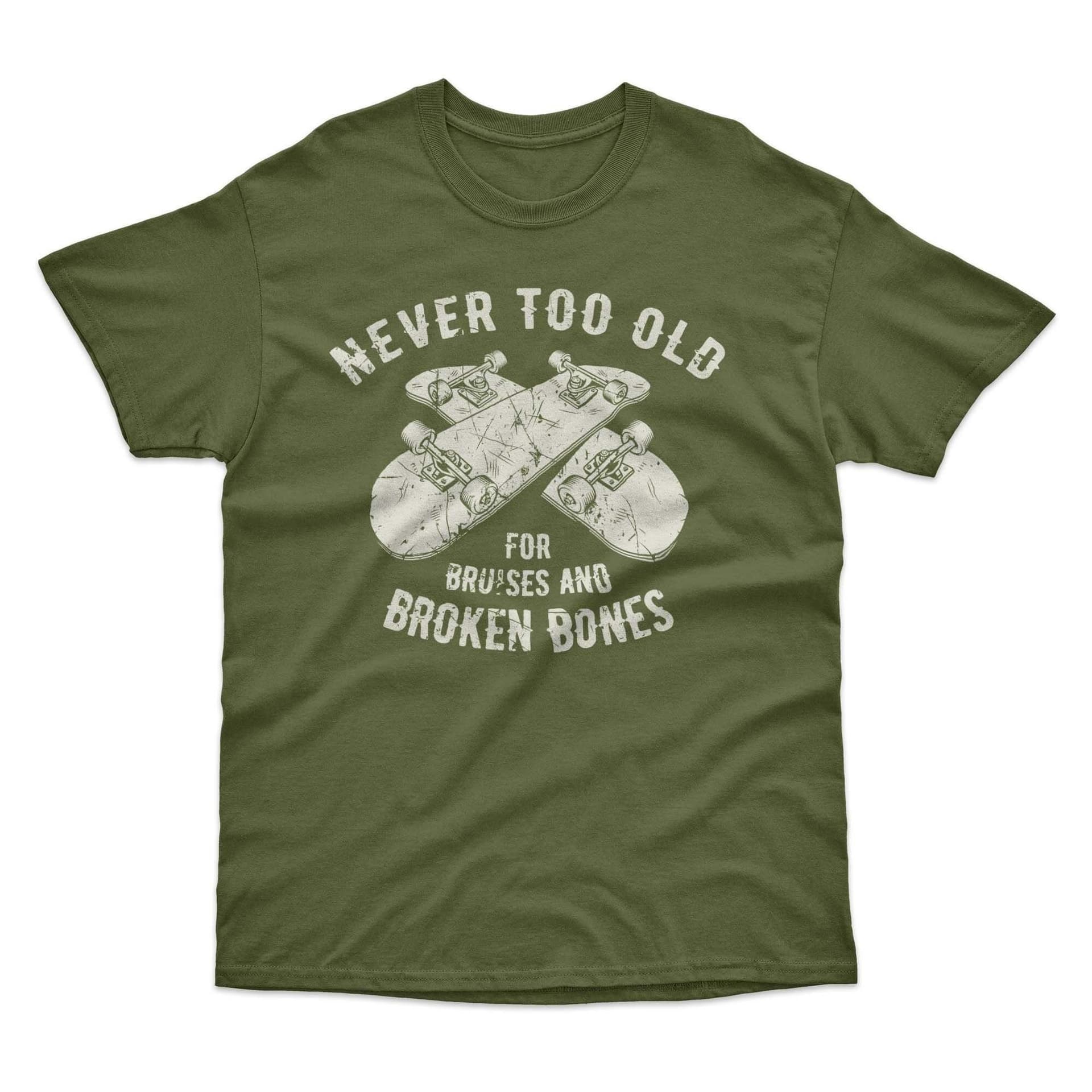 Bad Zebedee Bad Zebedee Men's Never Too Old for Bruises & Broken Bones Skateboard T-Shirt in Khaki