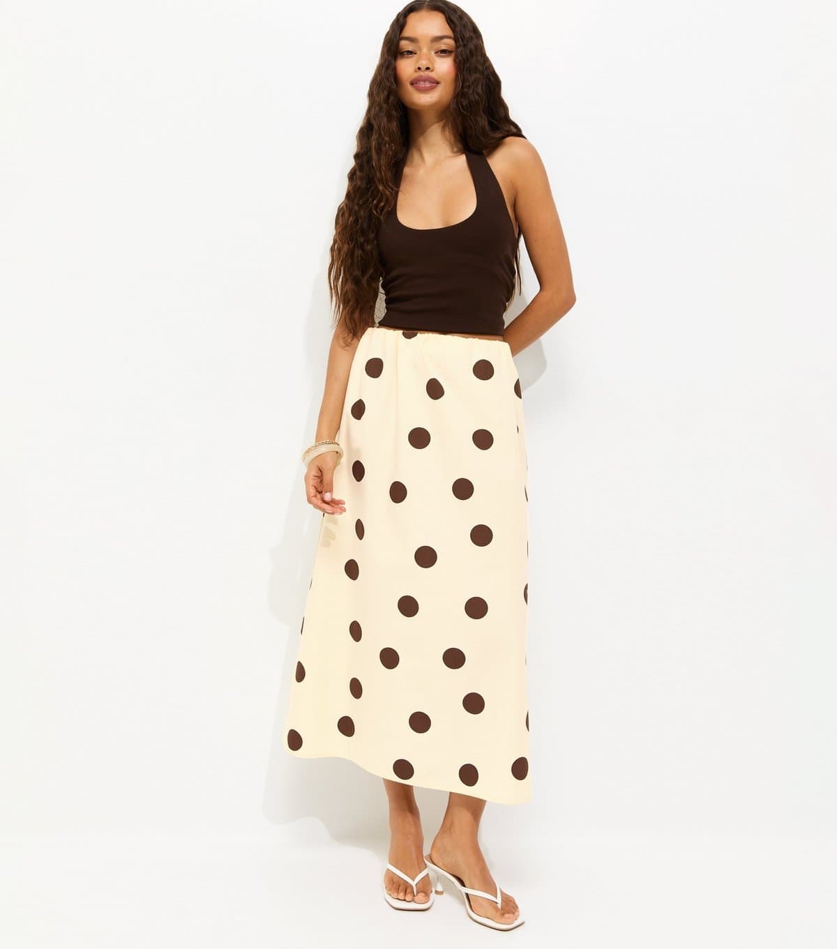 New Look Women's Petite Cream Cotton Polka Dot Circle Midi Skirt New Look