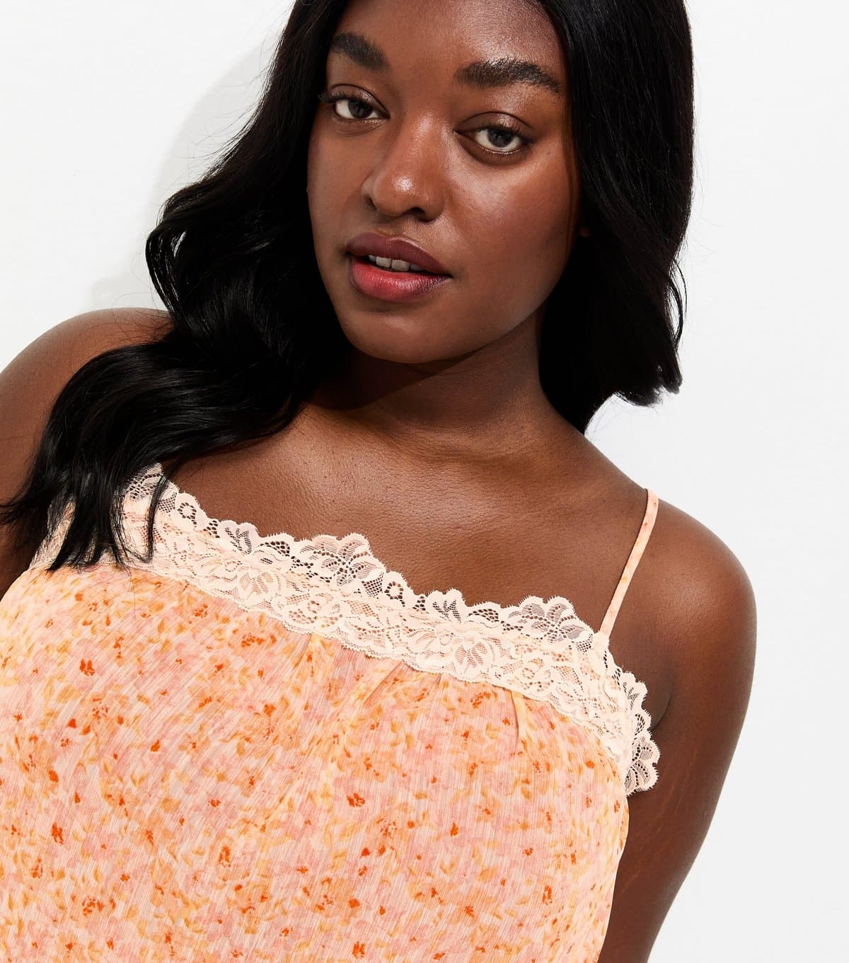 New Look Women's Plus Size Pink Floral Chiffon Lace Trim Cami Top Curves New Look