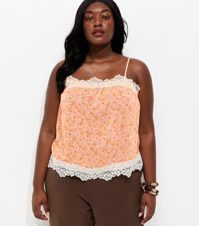 New Look Women's Plus Size Pink Floral Chiffon Lace Trim Cami Top Curves New Look - 2