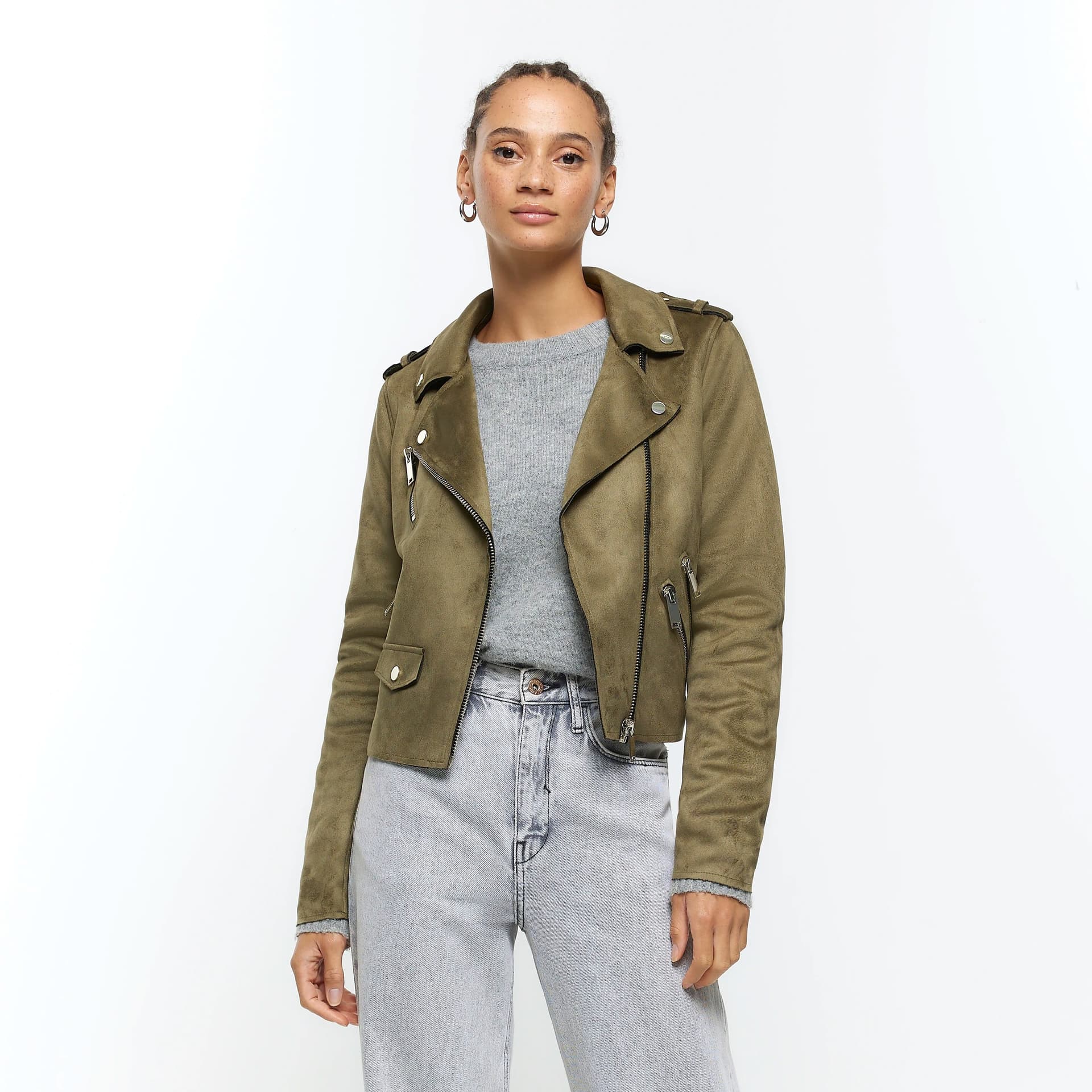 River Island River Island Womens Khaki Suedette Crop Biker Jacket