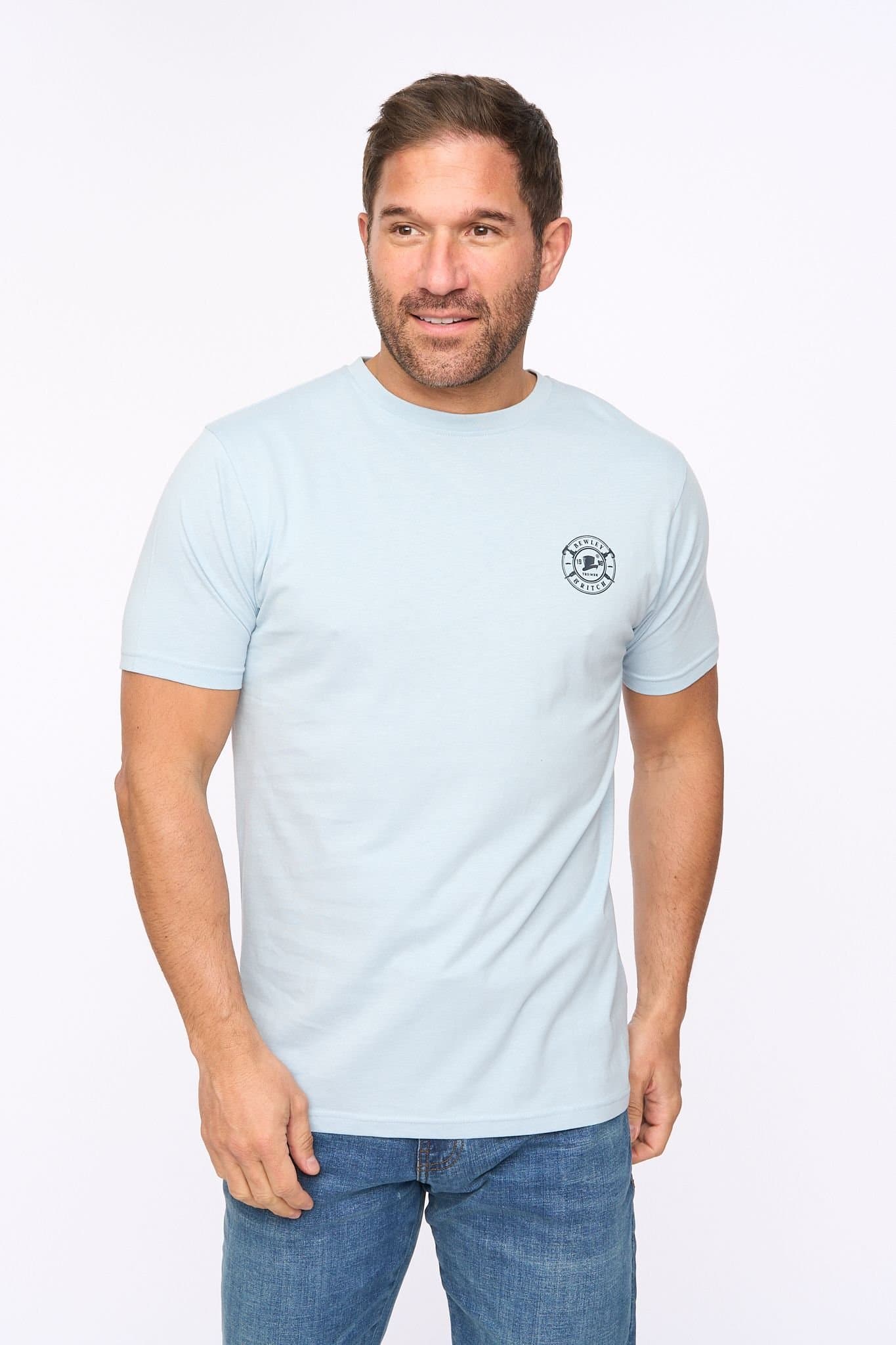 Bewley&Ritch Bewley&Ritch Men's Arkley 100% Cotton Embroidered Logo Crew Neck T-Shirt in Light Blue