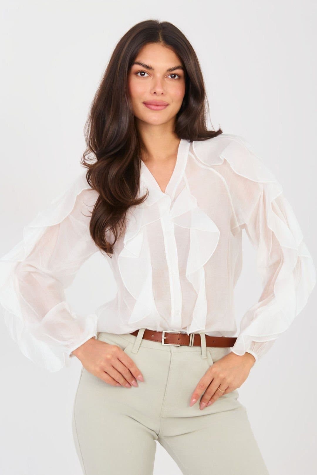 Love Lace Love Lace Women's Collarless Tencel V Neck Ruffle Button Shirt in White