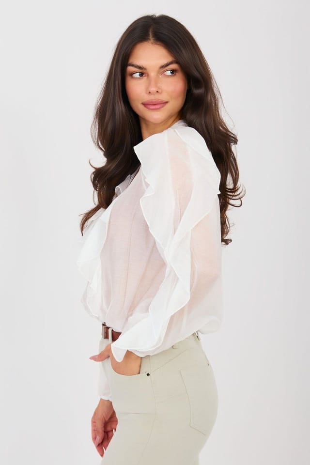 Love Lace Love Lace Women's Collarless Tencel V Neck Ruffle Button Shirt in White - 2