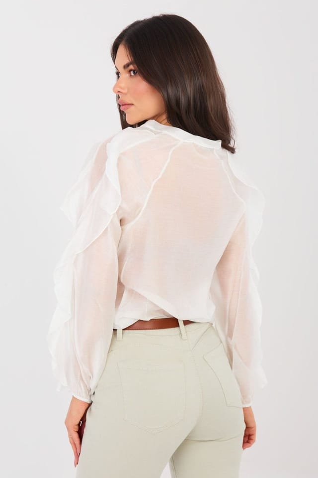 Love Lace Love Lace Women's Collarless Tencel V Neck Ruffle Button Shirt in White - 3