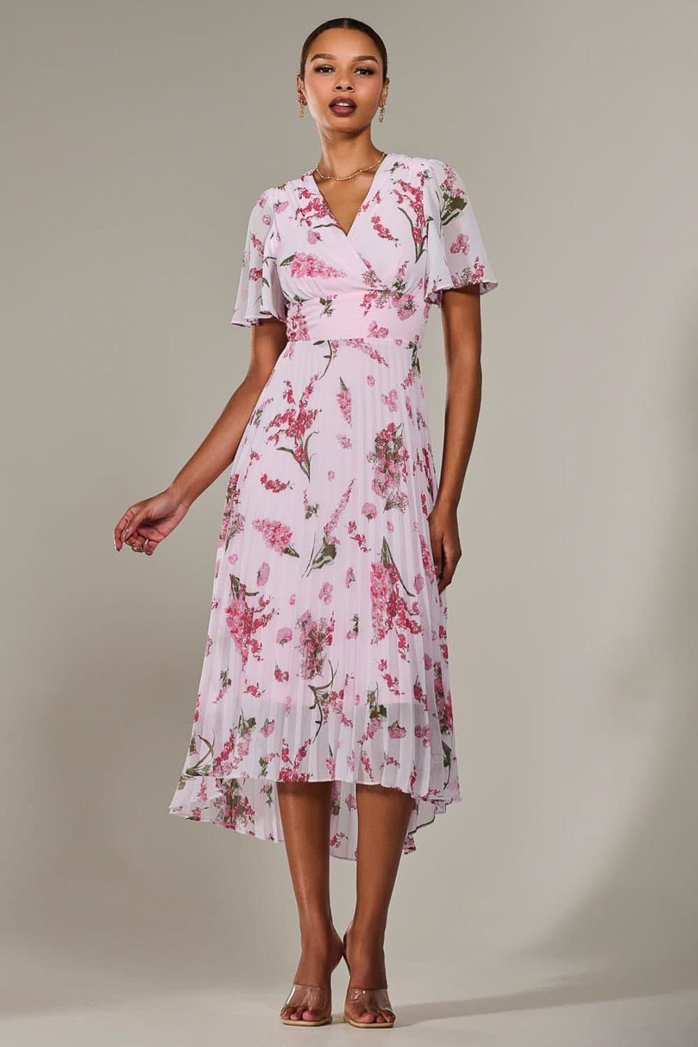 Jolie Moi Jolie Moi Women's Angel Sleeve Pleated Chiffon Maxi Dress in Baby Pink