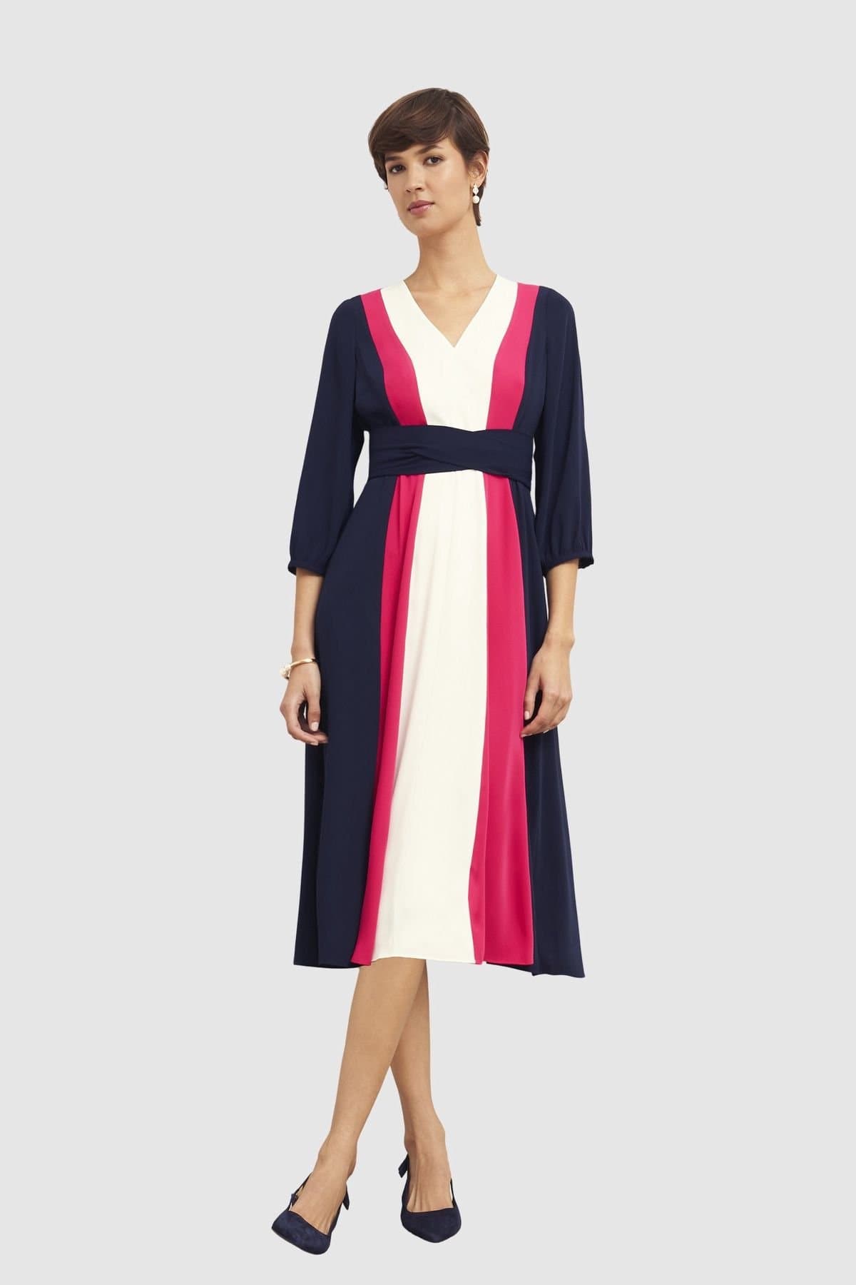 Hobbs London Hobbs London Women's Cora 3/4 Sleeve V-Neck Tie Waist Dress in Fuchsia