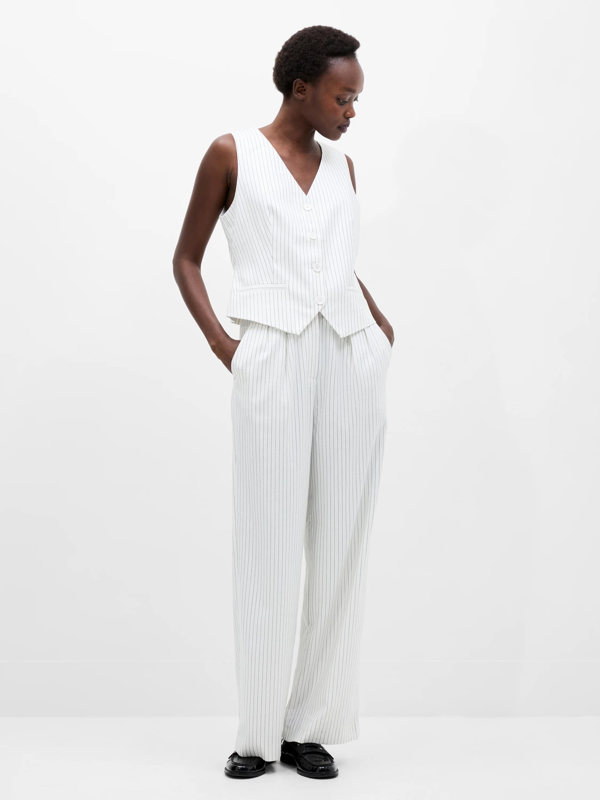 French Connection Pinstripe Wide Leg Trousers White/Black