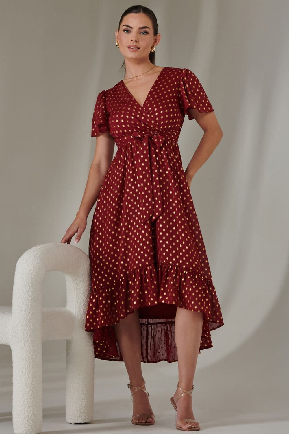 Jolie Moi Jolie Moi Women's Petite Short Sleeve Midaxi Dress in Burgundy