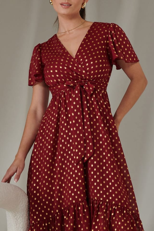 Jolie Moi Jolie Moi Women's Petite Short Sleeve Midaxi Dress in Burgundy - 3