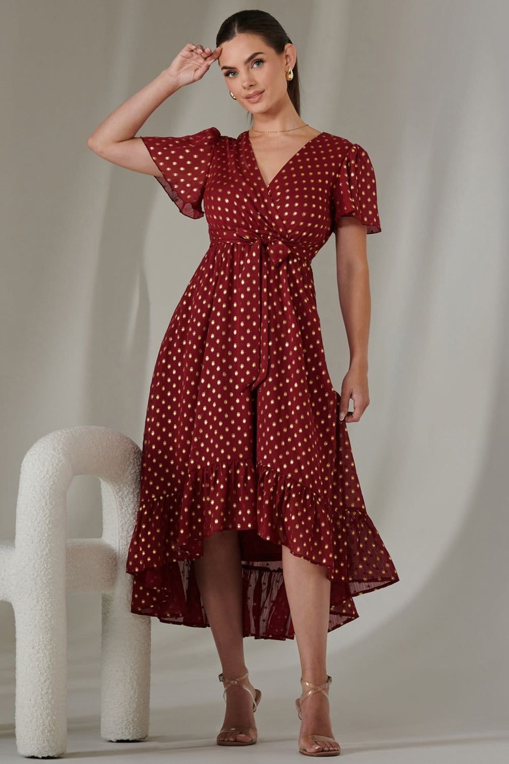 Jolie Moi Jolie Moi Women's Petite Short Sleeve Midaxi Dress in Burgundy - 4