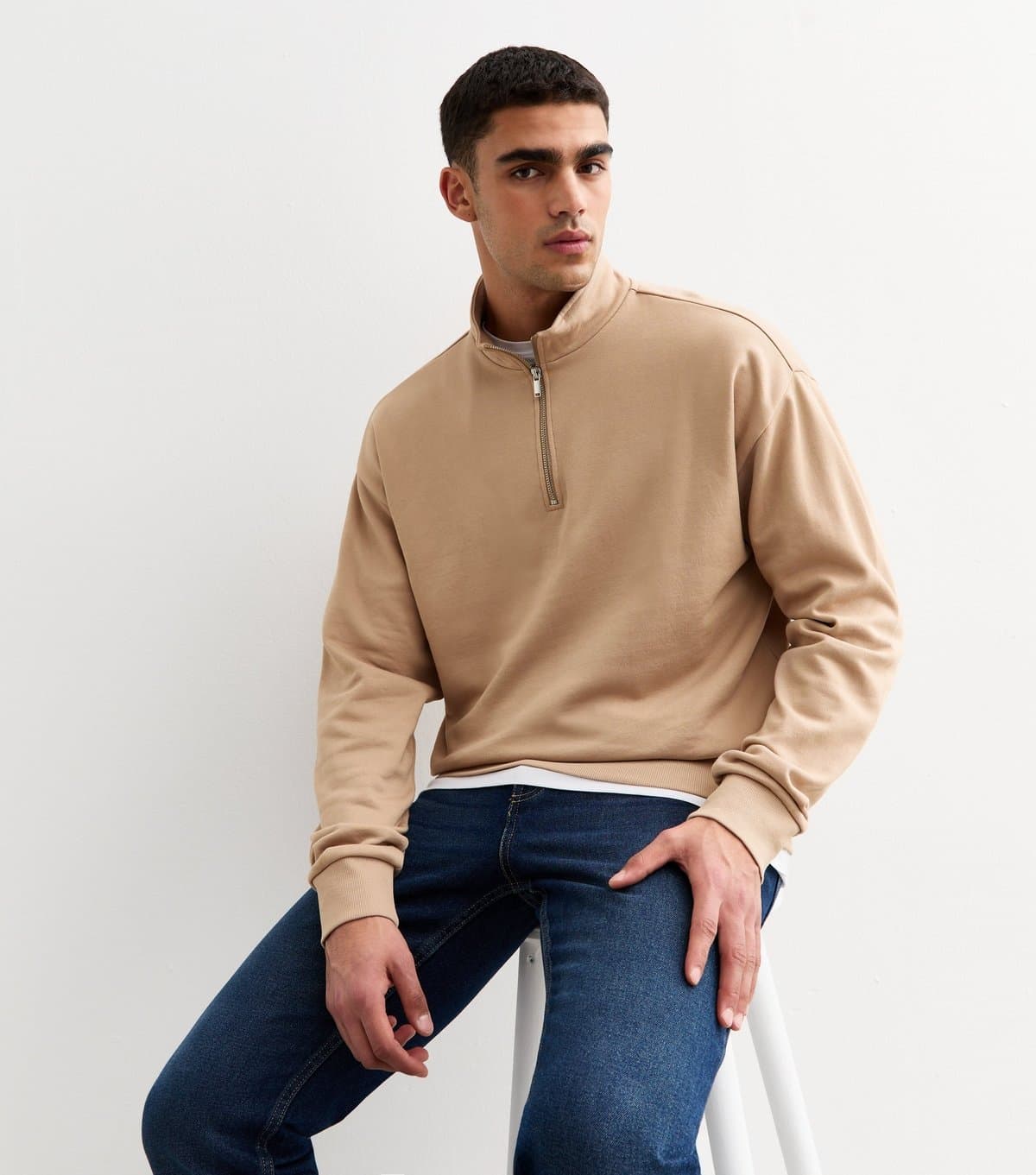 New Look Men's Tan Regular Quarter Zip Sweatshirt New Look