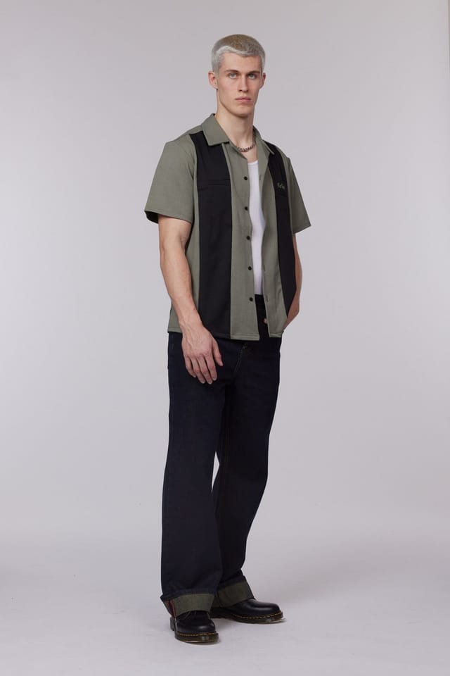 Chet Rock Chet Rock Clayton Men's Green Cuban Collar Shirt with Black Panel Detail in Khaki - 2