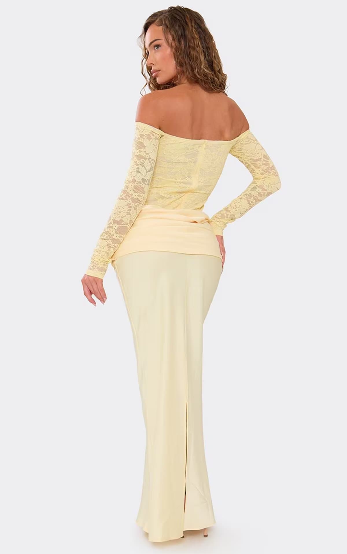 EGO EGO Yellow Satin Bardot Maxi Dress With Lemon Lace, Women's Size