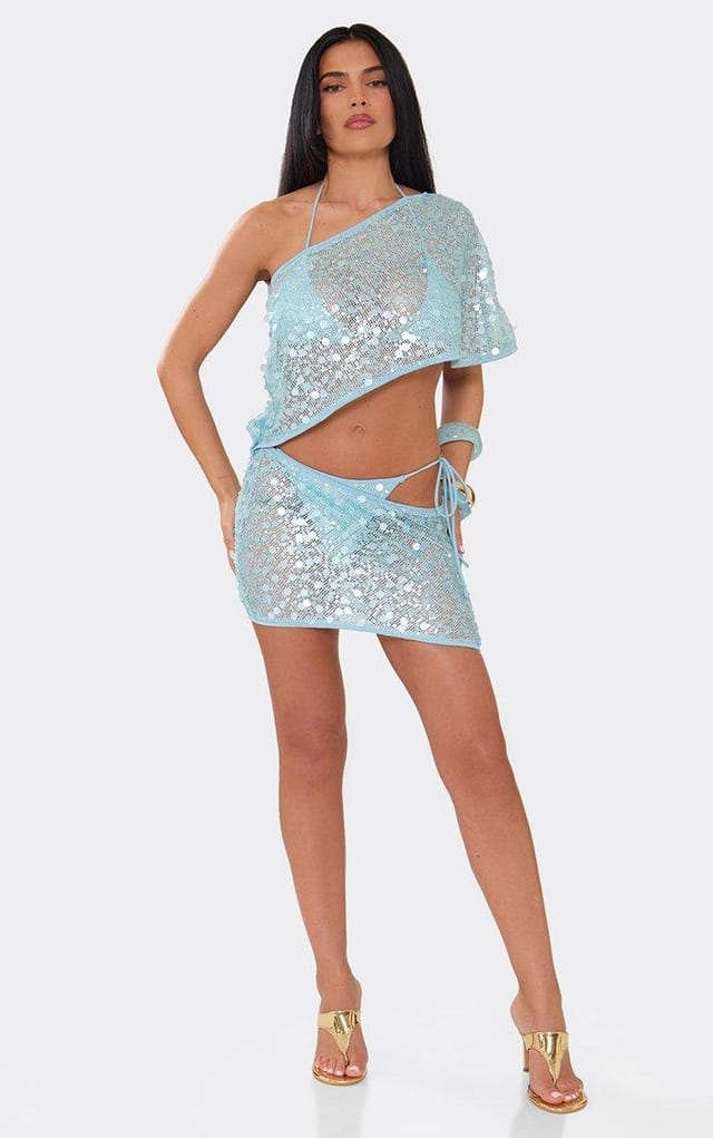 EGO One Shoulder Cape Detail Cut Out Mini Beach Dress In Blue Sequin, Women's Size UK 6 - 2