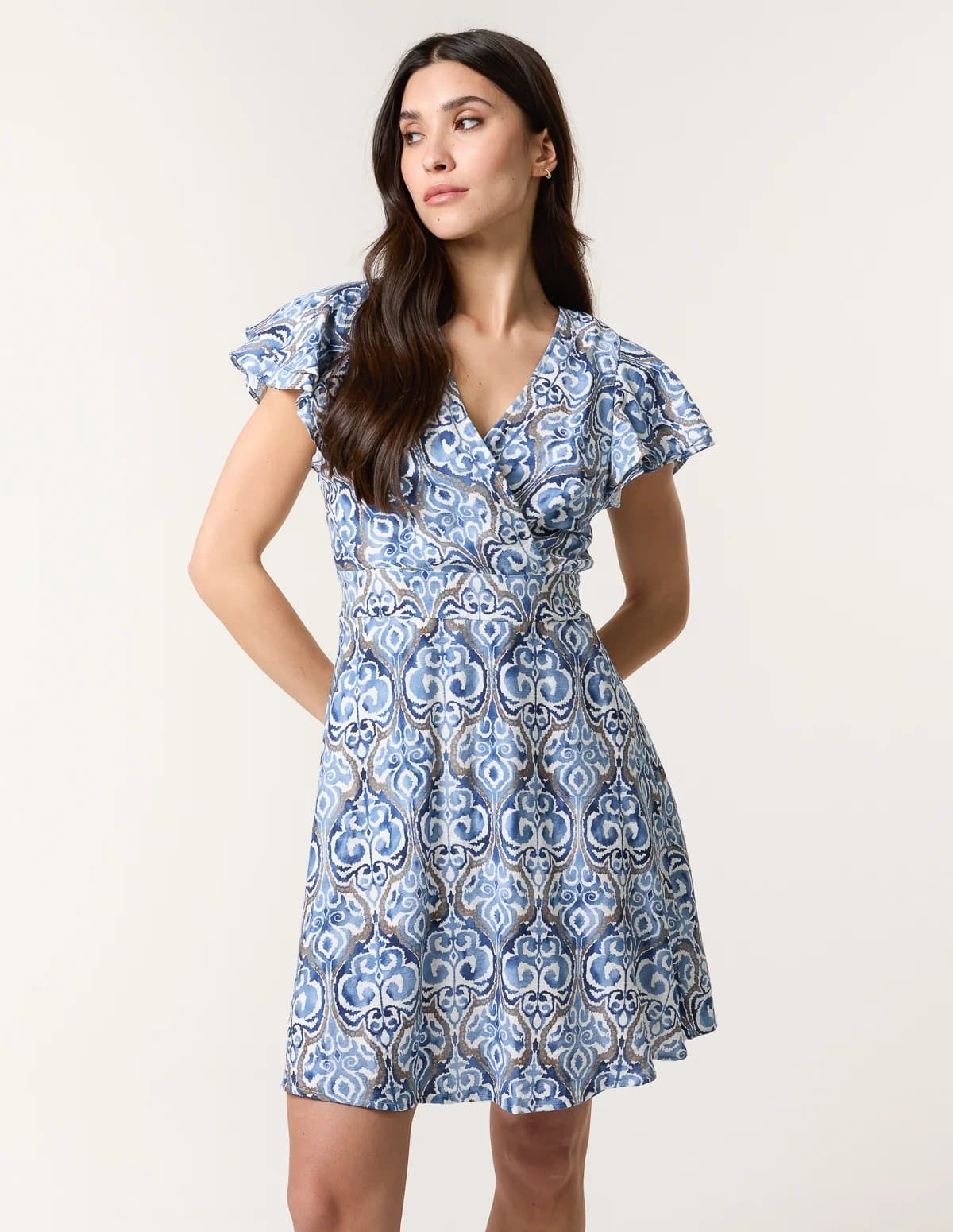 Blue Vanilla Printed Frill Sleeve Wrap Front Belted Waist Dress