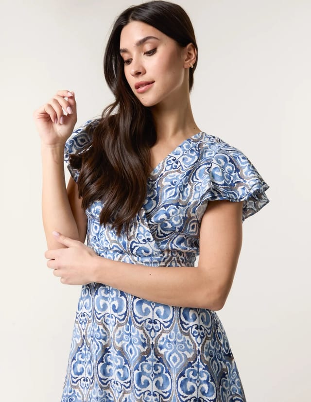 Blue Vanilla Printed Frill Sleeve Wrap Front Belted Waist Dress - 2