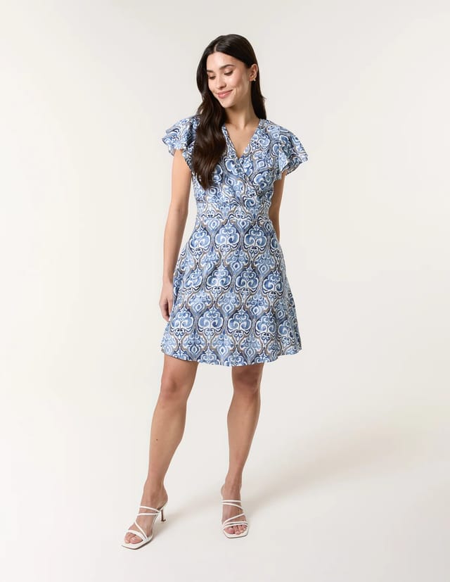 Blue Vanilla Printed Frill Sleeve Wrap Front Belted Waist Dress - 3