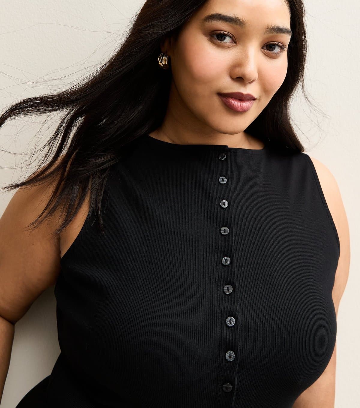 New Look Women's Plus Size Black Button Through Ribbed Tank Top Curves New Look
