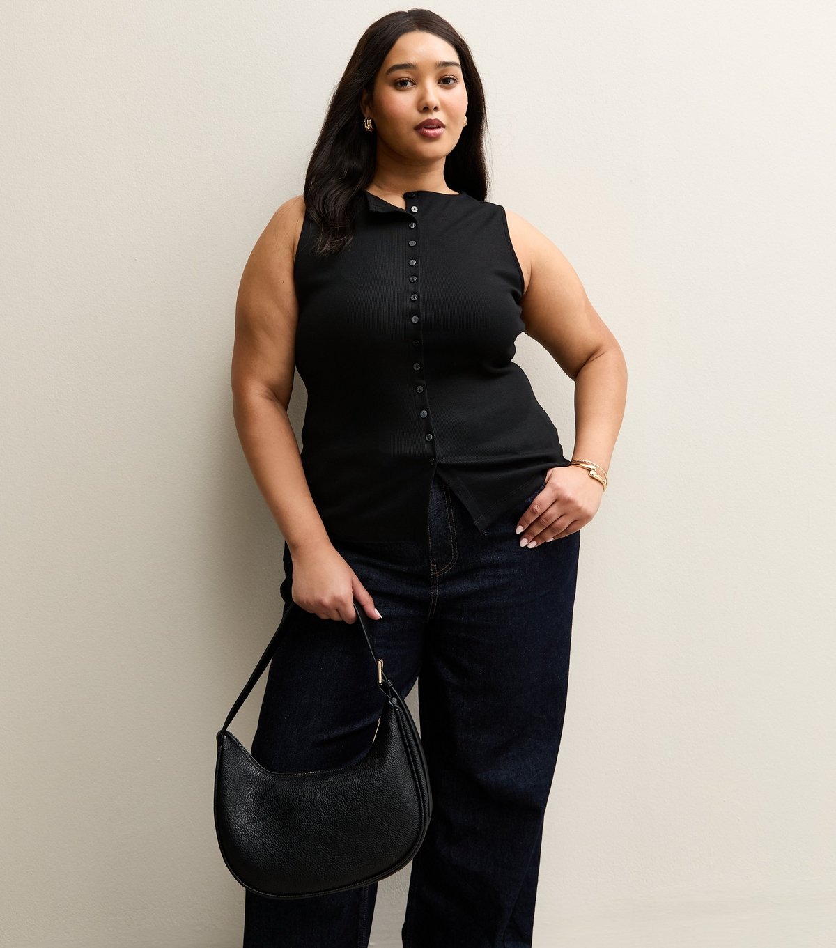 New Look Women's Plus Size Black Button Through Ribbed Tank Top Curves New Look - 2