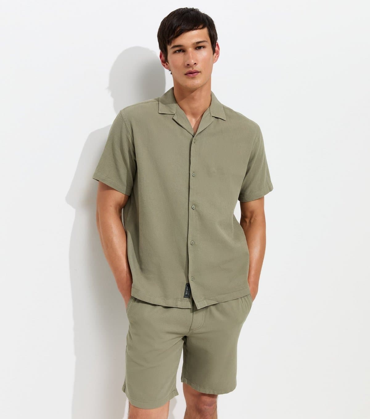 jack & jones Men's Light Khaki Cotton Waffle Texture Resort Shirt Jack & Jones New Look