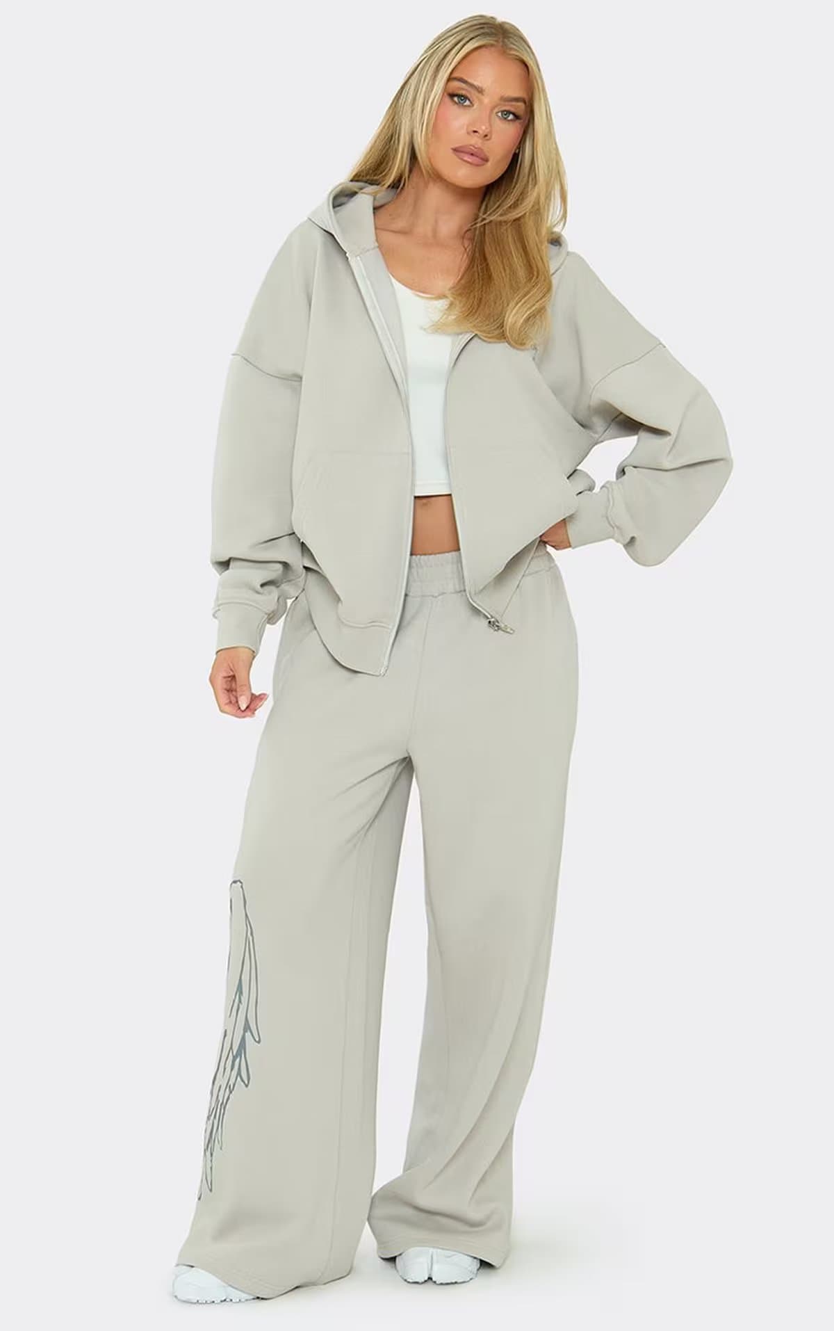 EGO Long Sleeve Contrast Graphic Detail Zip Up Hooded Jacket In Grey, Women's Size UK 6