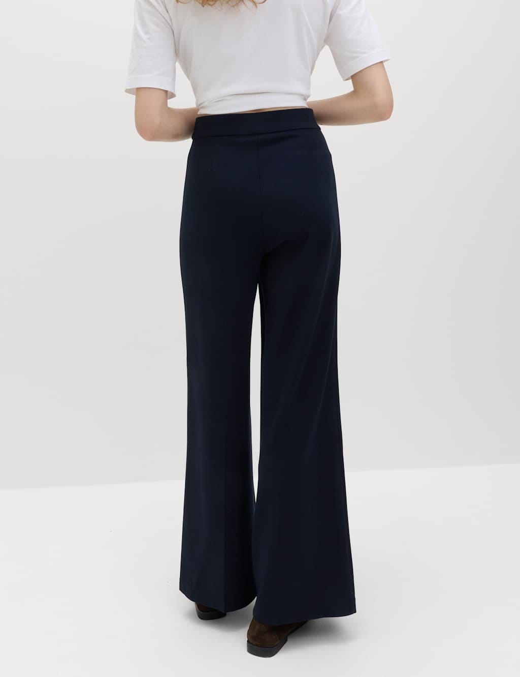 Marks & Spencer M&S Jersey Wide Leg Trousers with Stretch Dark Navy - 4