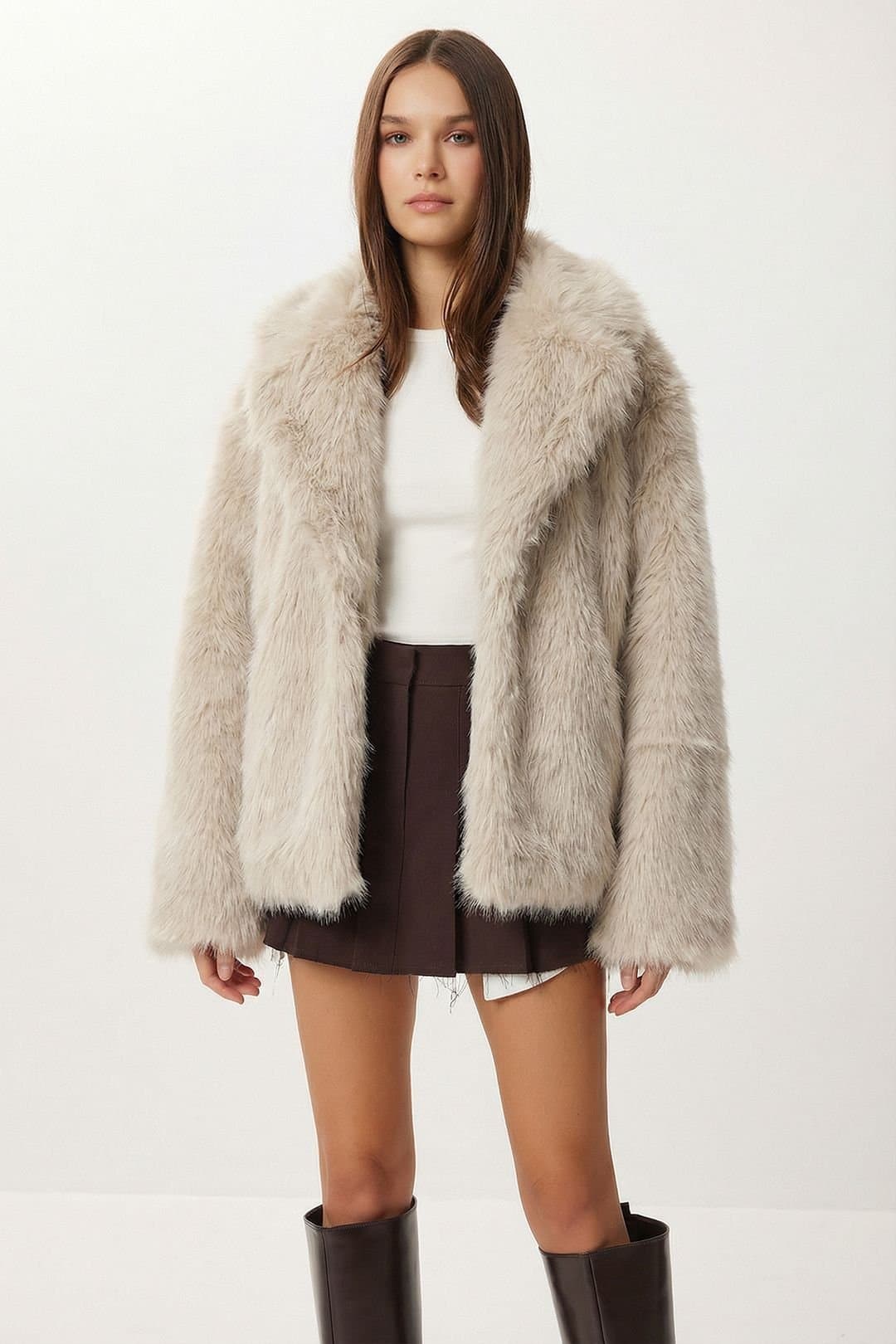 Happiness Istanbul Happiness Istanbul Cream Faux Fur Shawl Collar Jacket