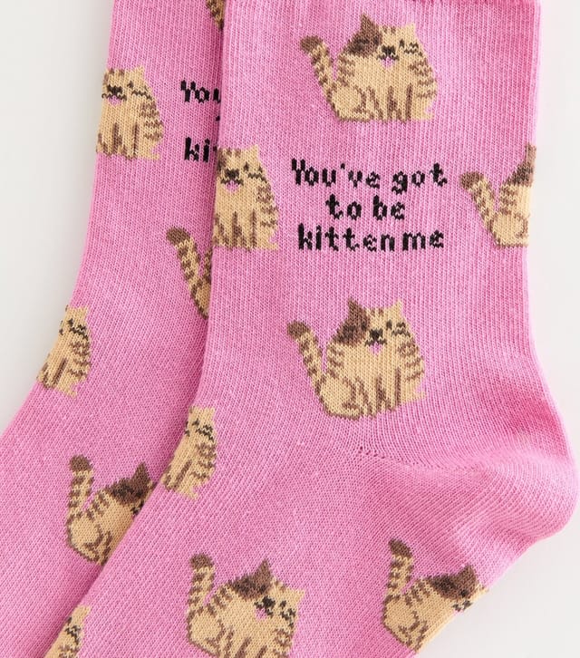 New Look Pink Cotton Rich You've Got To Be Kitten Me Pattern Ankle Socks New Look - 2
